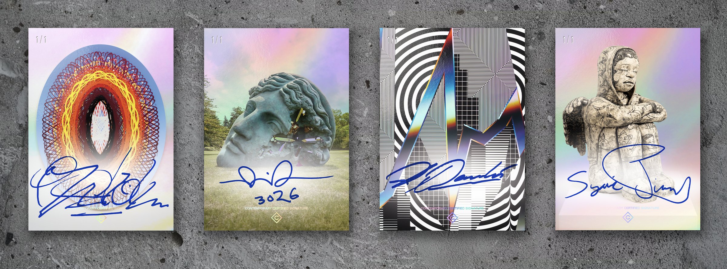 Four 1/1 Contemporary Trading Cards, each signed by the artist